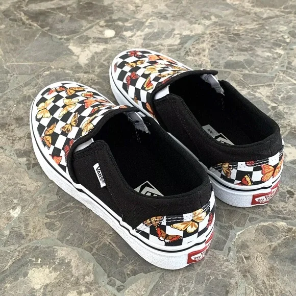 Vans Asher Butterfly Checkerboard Slip On Shoes Womens Size 6 Black VN000VOSJBW - Picture 9 of 13